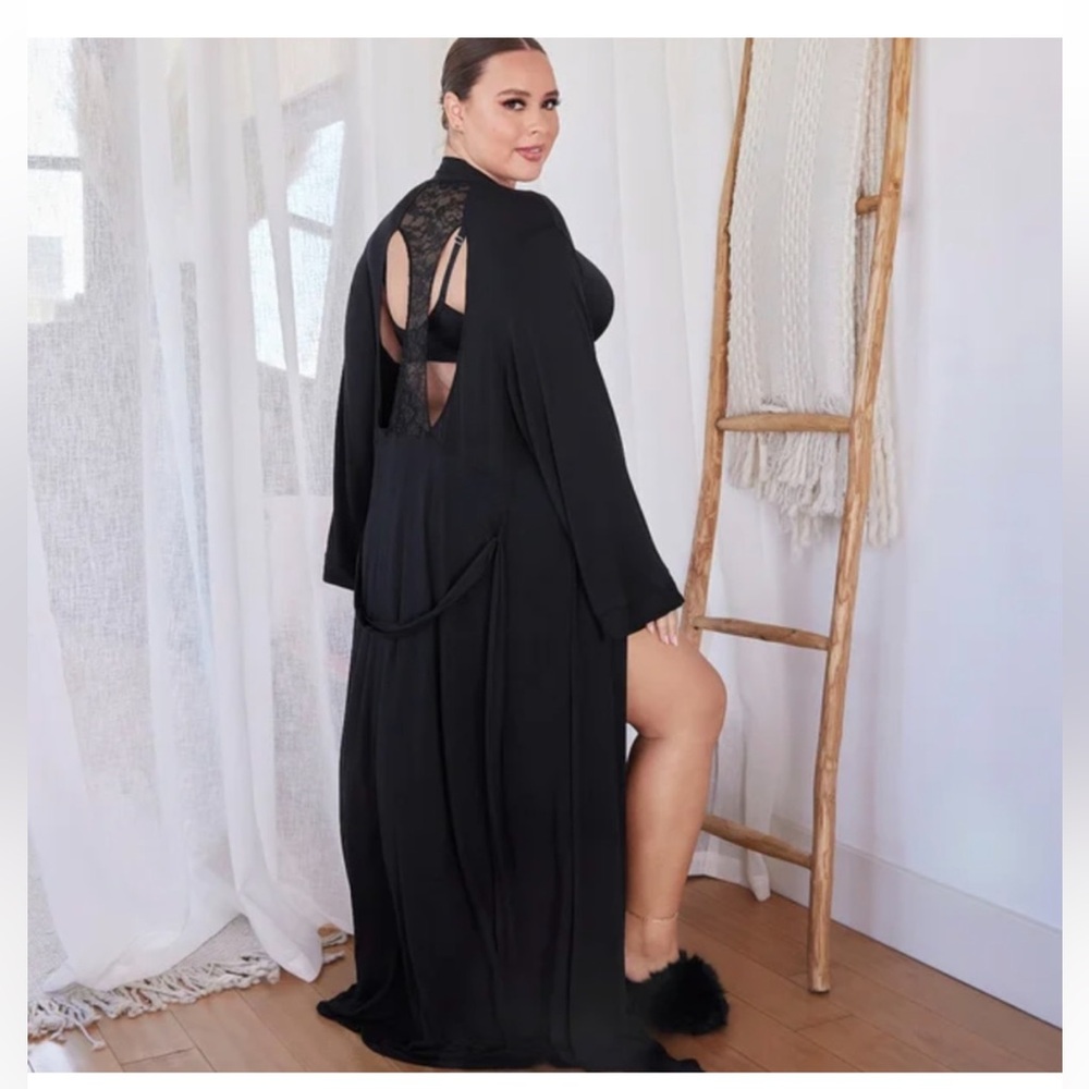 SAVAGE x FENTY // black lace racer back cut out long silky robe